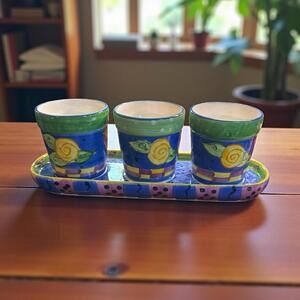 Handpainted Ceramic Trio of Planters 3"H with Tray 11" L